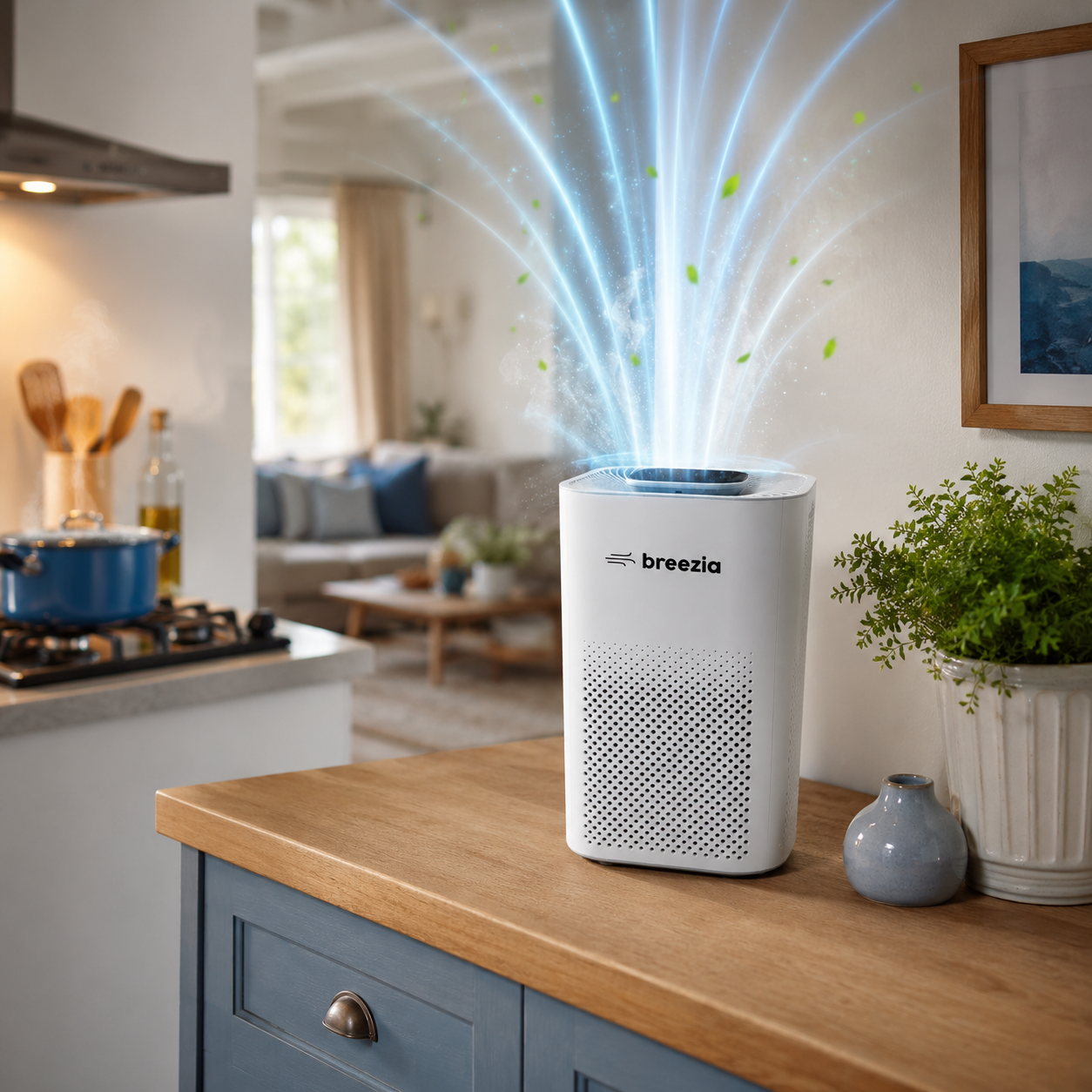 Breezia air purifier in an open-plan kitchen